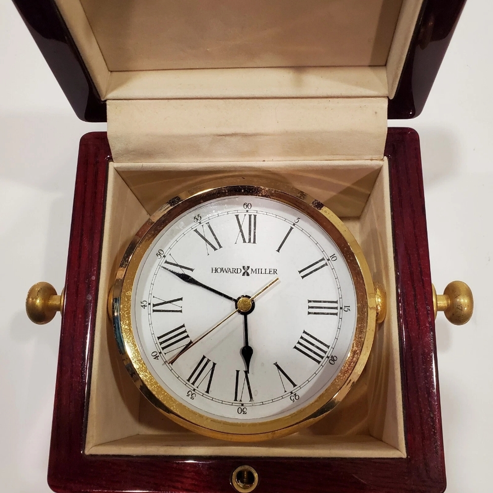 Howard Miller Bailey Brass Desk Clock 645-443 Gimbaled Wood Box Table Top Clock